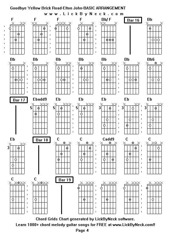 Chord Grids Chart of chord melody fingerstyle guitar song-Goodbye Yellow Brick Road-Elton John-BASIC ARRANGEMENT,generated by LickByNeck software.